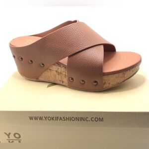 Yoki Fashion Womens Netta Cognac Slip On Cross Strap Wedge Sandals Size 11